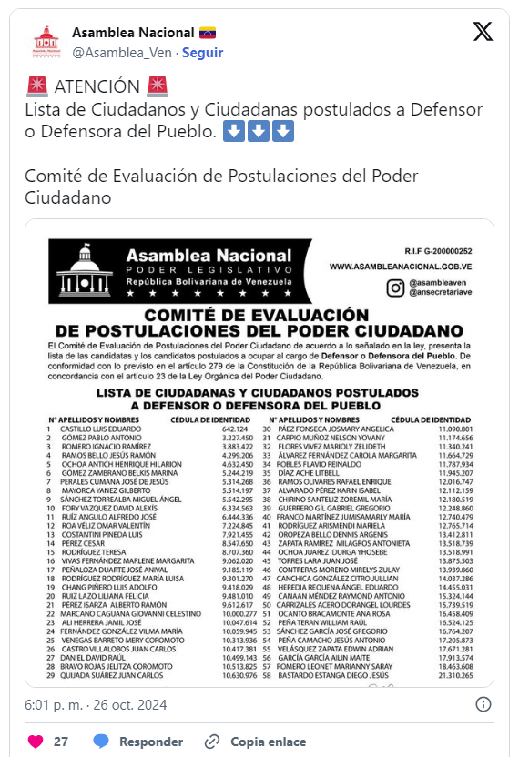 Comité de Postulaciones de la AN publicó lista de elegibles a los cargos de Fiscal General, Contralor y Defensor 3 Postuaciones 2
