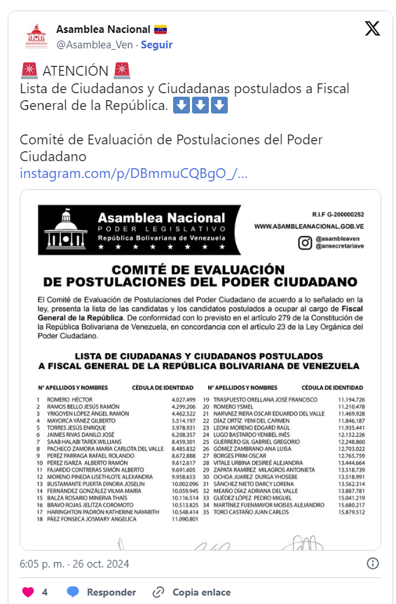 Comité de Postulaciones de la AN publicó lista de elegibles a los cargos de Fiscal General, Contralor y Defensor 4 Postulaciones 3