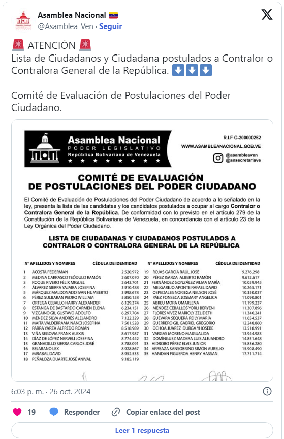 Comité de Postulaciones de la AN publicó lista de elegibles a los cargos de Fiscal General, Contralor y Defensor 2 Postulaciones