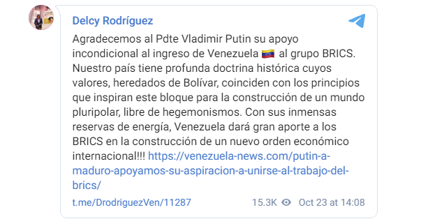 La República Bolivariana de Venezuela contó con el apoyo de Rusia, que ejerce la presidencia pro témpore del bloque de los BRICS 2 Rodriguez