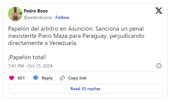 Árbitro del Venezuela-Paraguay en medio de críticas por polémicas decisiones 2 Tuit