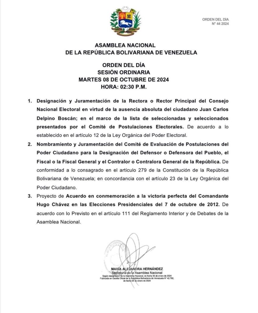 AN designará nuevo rector del CNE ante ausencia de Juan Carlos Delpino 2 orden del dia 08 de octubre de 2023 29438