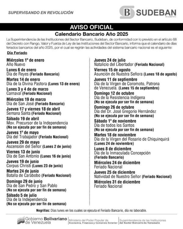 Calendario de feriados de Sudeban