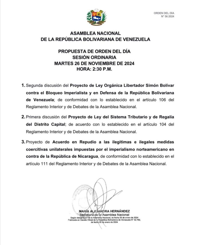orden del dia de la asamblea nacional de este martes 26 de noviembre de 2024 32124