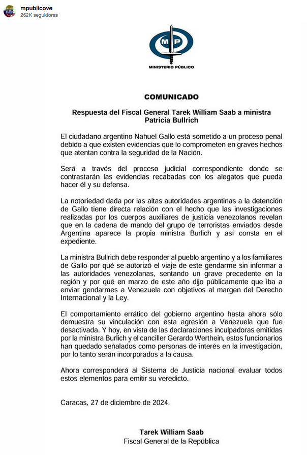 Fiscal General a la ministra argentina Bullrich: Evidencias comprometen al Gallo en graves hechos contra Venezuela 2 Captura de pantalla 2024 12 28 a las 12.21.39