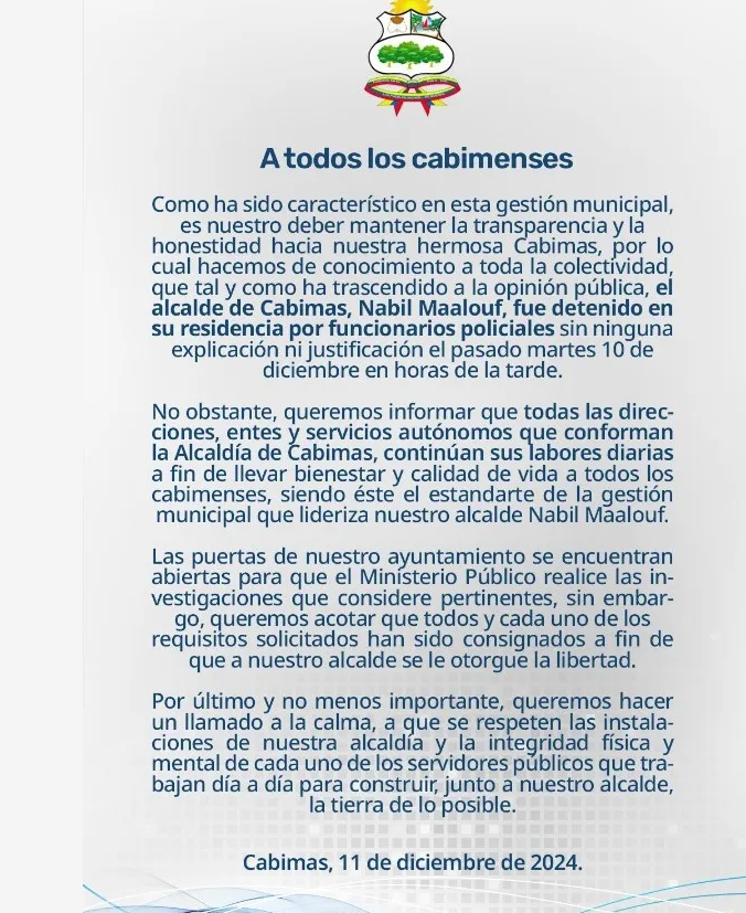 Comunicado de la alcaldia de Cabimas