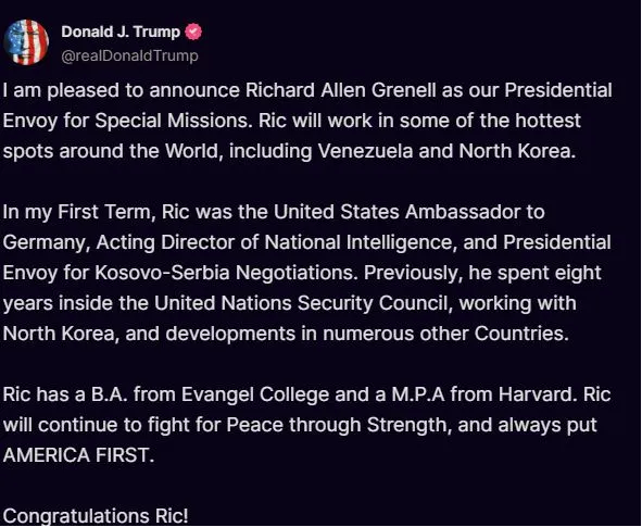 Trump nombró a Richard Allen Grenell como «enviado especial» para mediar con Venezuela 2 TrumpD