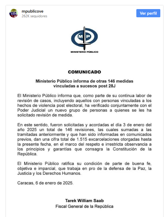 Fiscal General anunció 146 nuevas excarcelaciones vinculadas a hechos de violencia tras el 28 de julio 2 Ministerio P