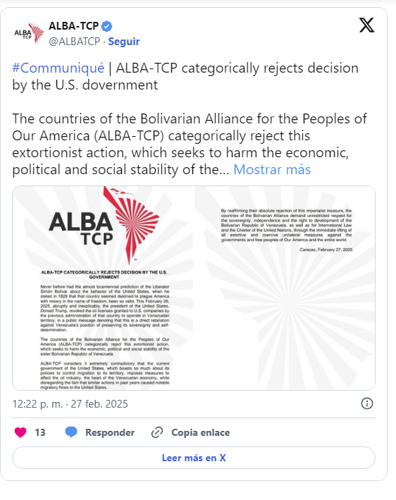 ALBA-TCP rechazó represalia de EE. UU. tras revocación de licencias petroleras a Venezuela 2 ALBA