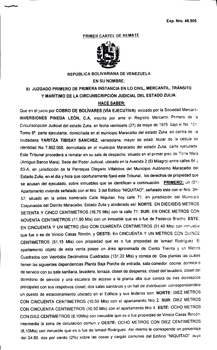 1era. Publicación del Cartel de Notificación a Yaritza Tibisay Sánchez sobre Proceso de Remate en el juicio por Cobro de Bolívares (por vía ejecutiva) 1 CARTEL DE REMATE1