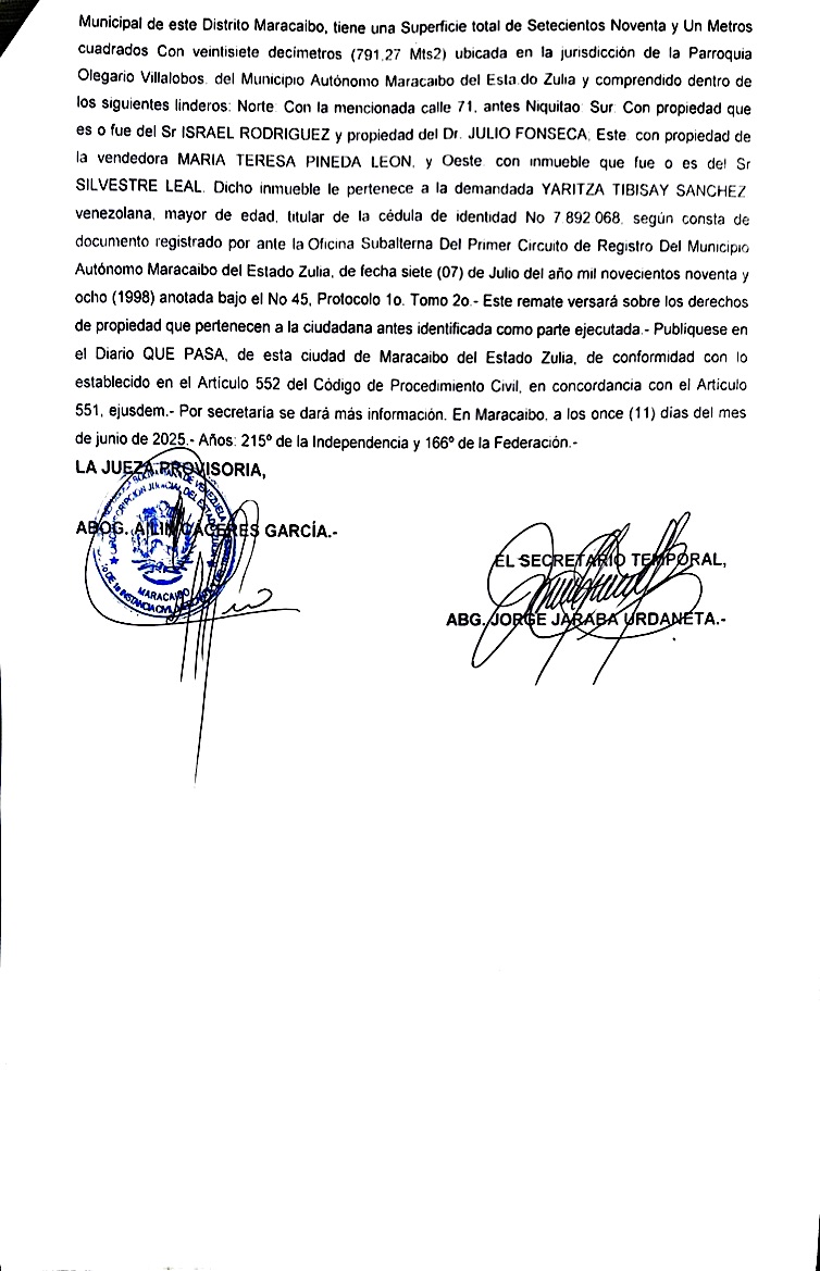 1era. Publicación del Cartel de Notificación a Yaritza Tibisay Sánchez sobre Proceso de Remate en el juicio por Cobro de Bolívares (por vía ejecutiva) 3 CARTEL DE REMATE3