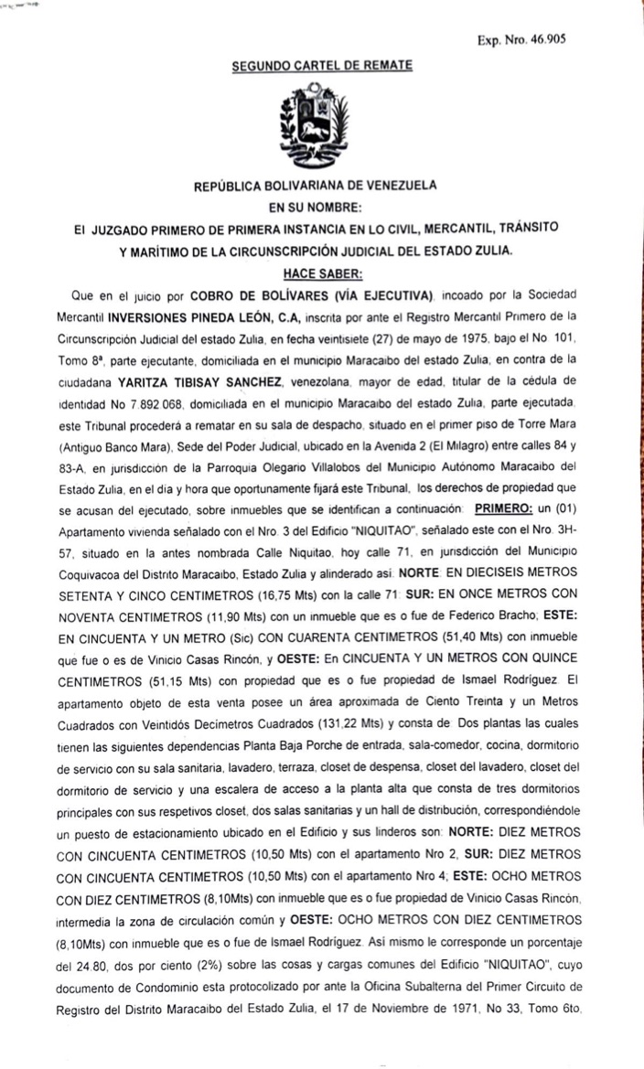 2nda. Publicación del Cartel de Notificación a Yaritza Tibisay Sánchez sobre Proceso de Remate en el juicio por Cobro de Bolívares (por vía ejecutiva) 1 SEGUNDO CARTEL1