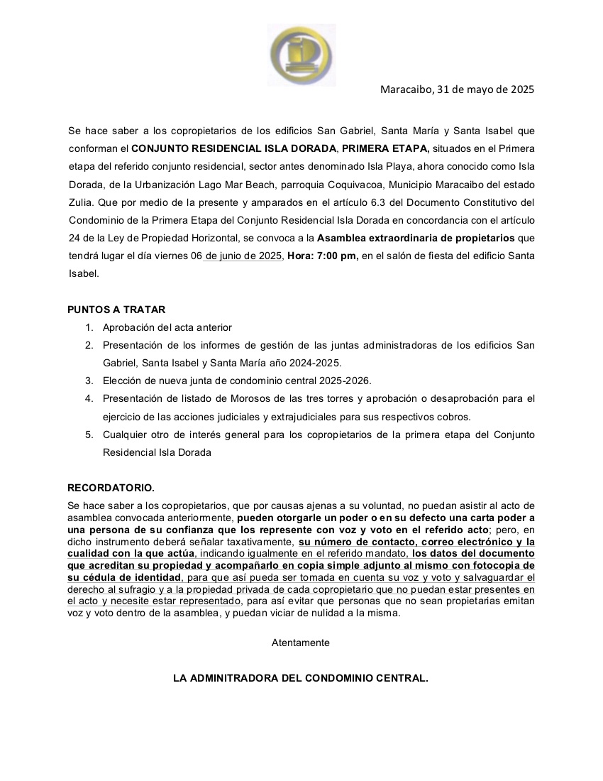 primera convocaria asamblea condominio central