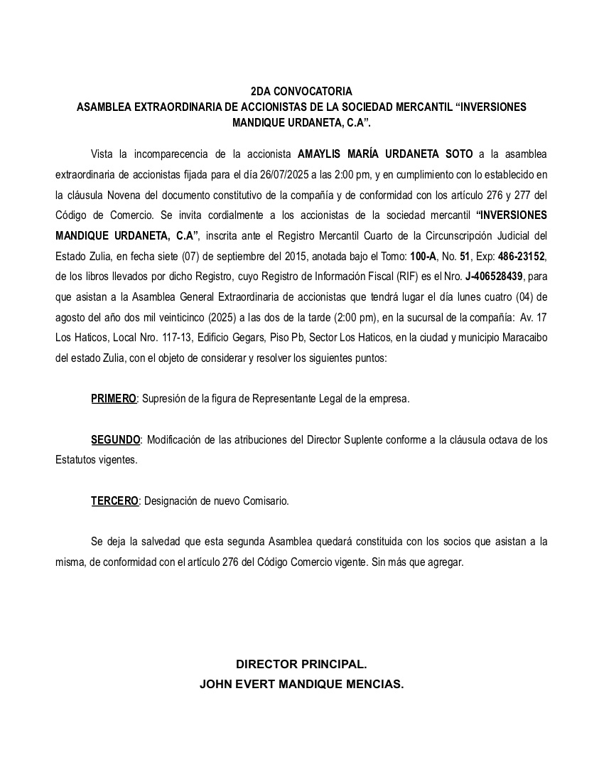 2DA CONVOCATORIA INVERSIONES MANDIQUE URDANETA
