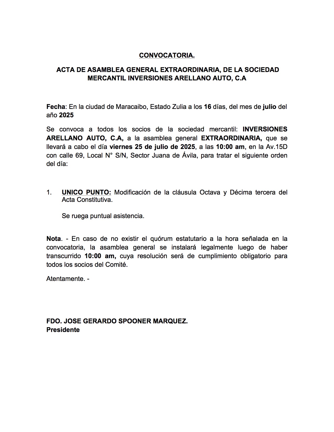 CONVOCATORIA INVERSIONES ARELLANO AUTO