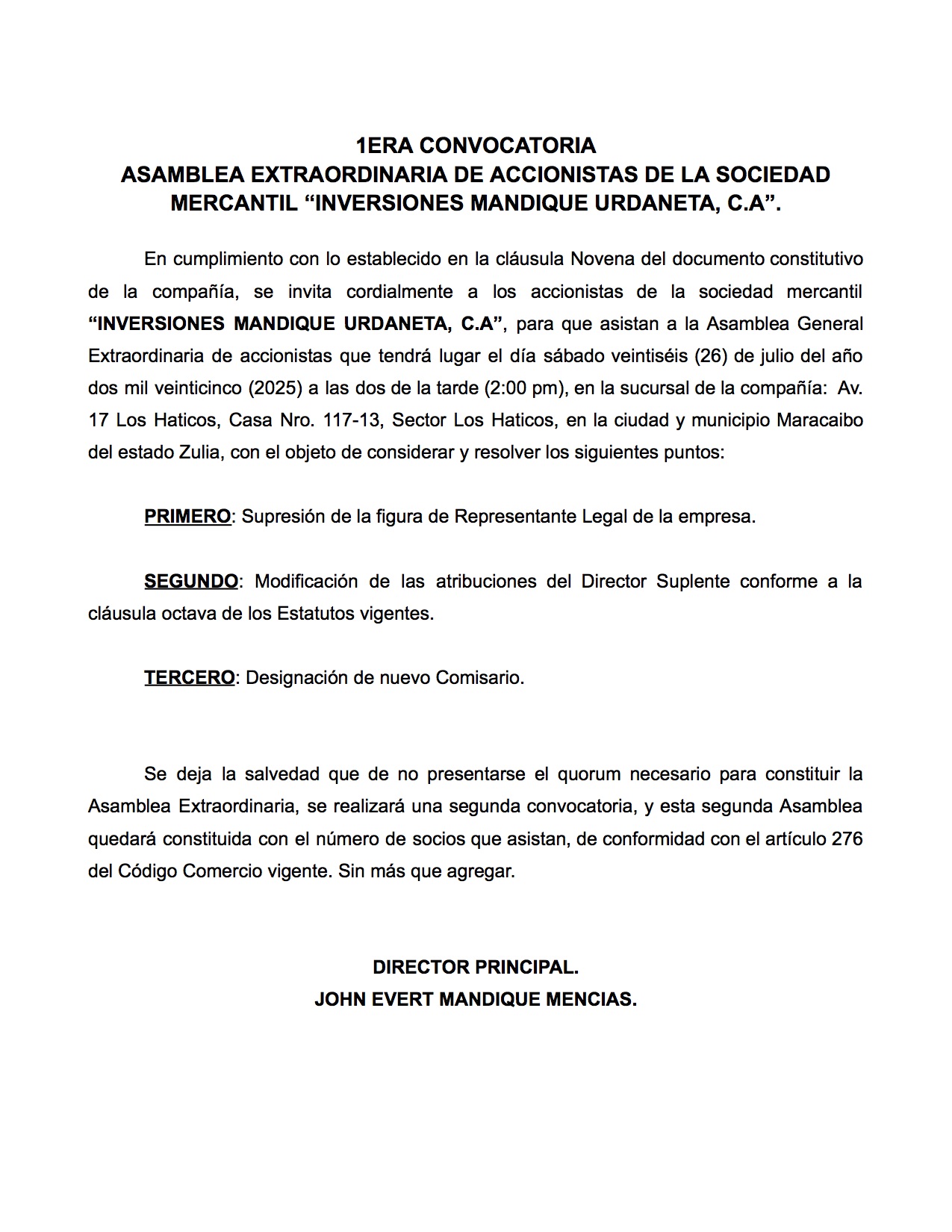 CONVOCATORIA INVERSIONES MANDIQUE URDANETA