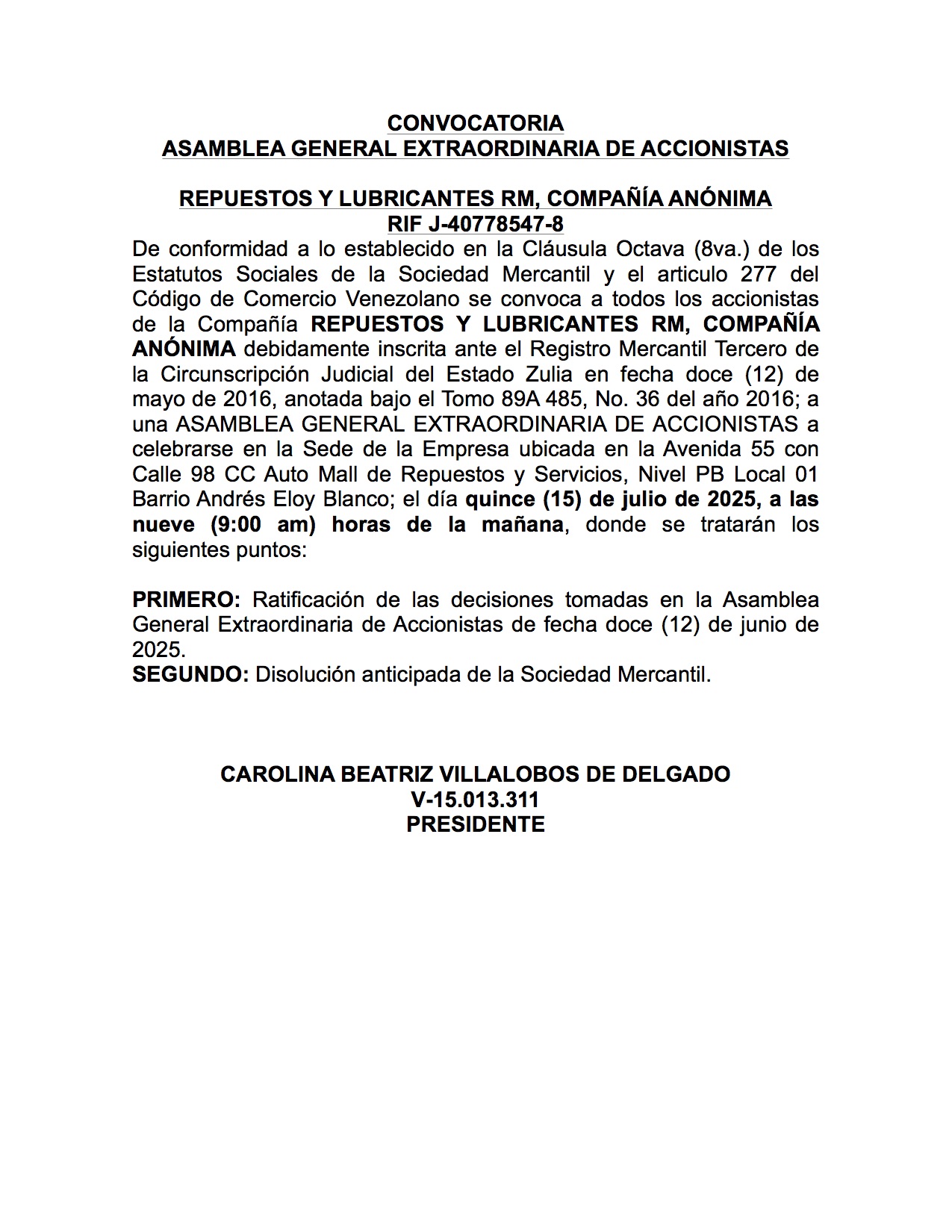 CONVOCATORIA REPUESTOS Y LUBRICANTES RM C.A 3