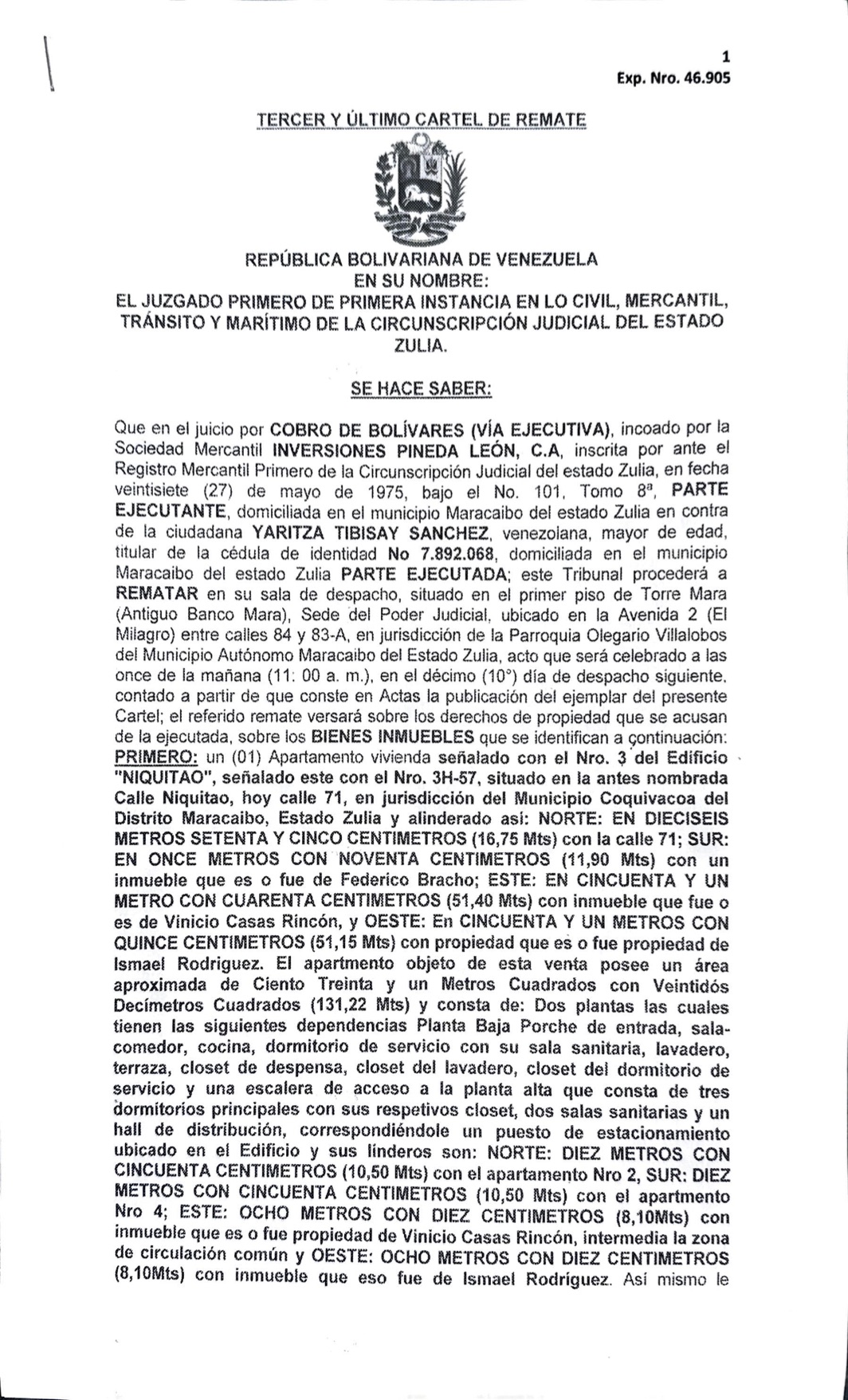 3era. Publicación del Cartel de Notificación a Yaritza Tibisay Sánchez sobre Proceso de Remate en el juicio por Cobro de Bolívares (por vía ejecutiva) 1 TERCER Y ULTIMO CARTEL GON FECHA 4 DE JULIO1