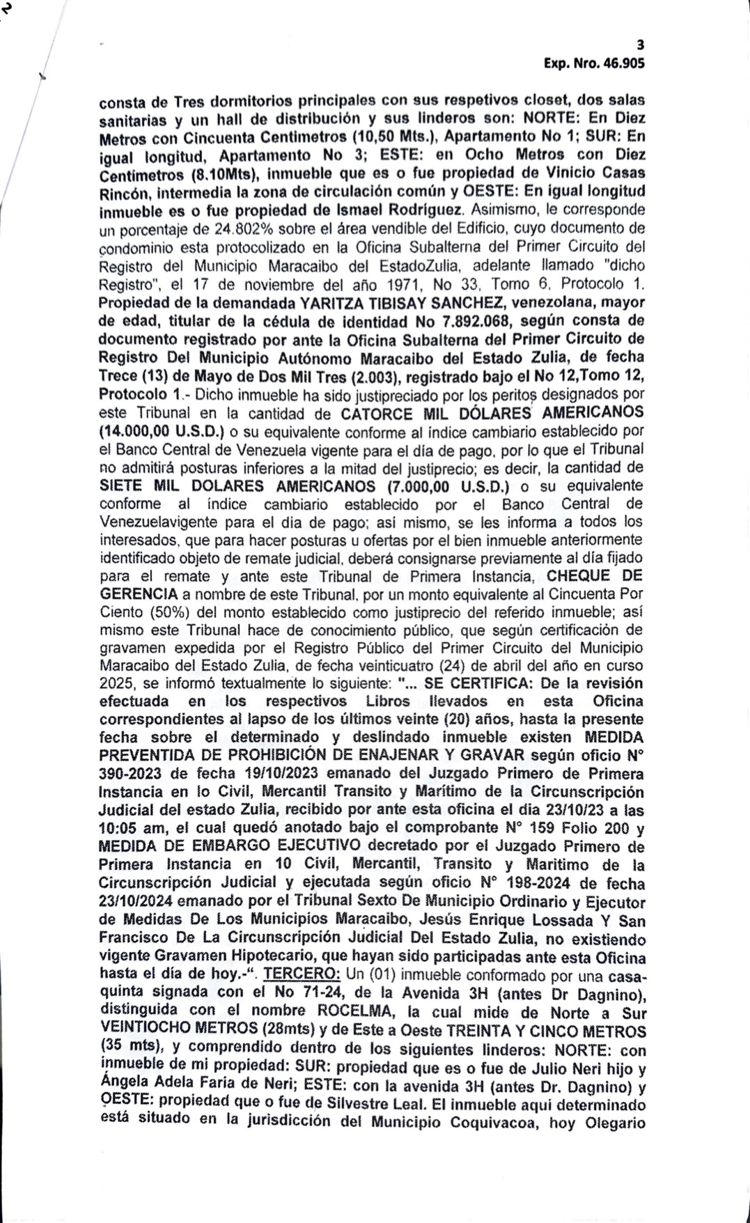 3era. Publicación del Cartel de Notificación a Yaritza Tibisay Sánchez sobre Proceso de Remate en el juicio por Cobro de Bolívares (por vía ejecutiva) 3 TERCER Y ULTIMO CARTEL GON FECHA 4 DE JULIO3