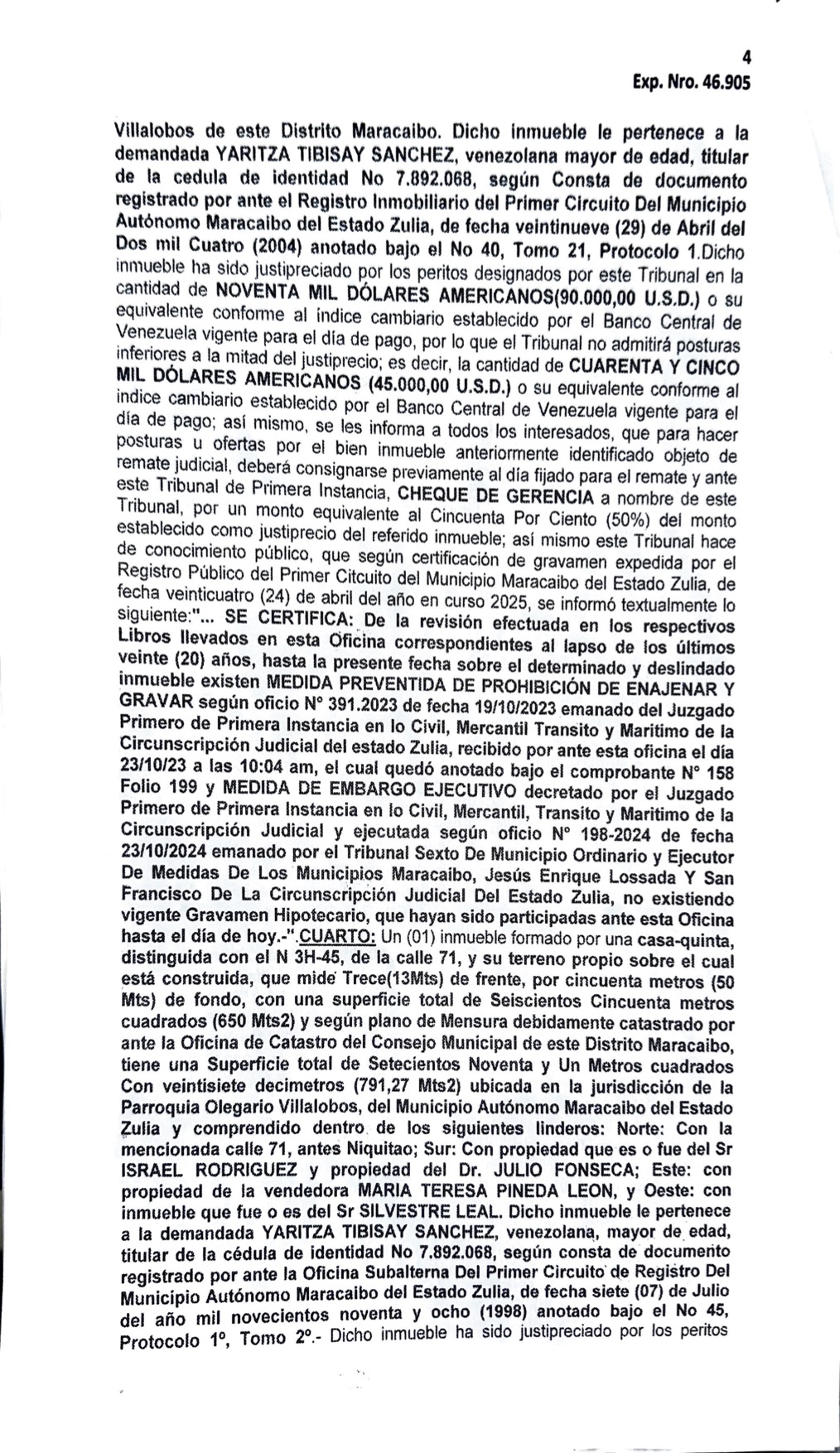 3era. Publicación del Cartel de Notificación a Yaritza Tibisay Sánchez sobre Proceso de Remate en el juicio por Cobro de Bolívares (por vía ejecutiva) 4 TERCER Y ULTIMO CARTEL GON FECHA 4 DE JULIO4