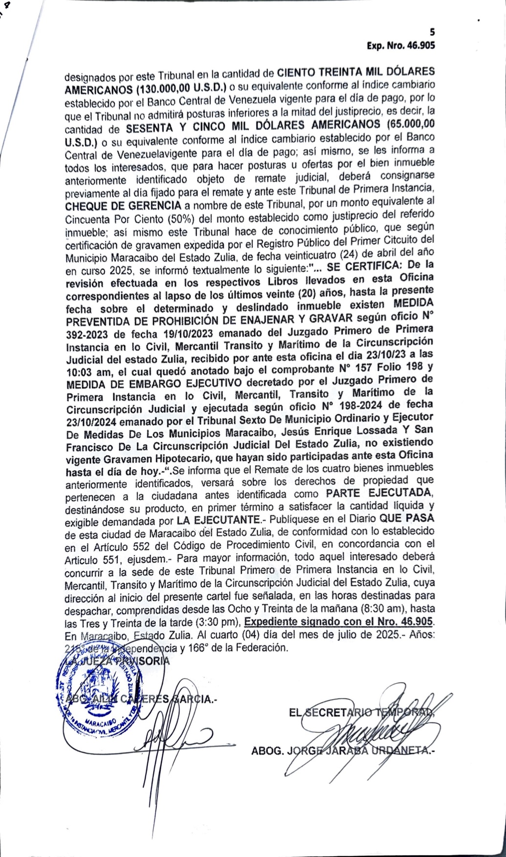 3era. Publicación del Cartel de Notificación a Yaritza Tibisay Sánchez sobre Proceso de Remate en el juicio por Cobro de Bolívares (por vía ejecutiva) 5 TERCER Y ULTIMO CARTEL GON FECHA 4 DE JULIO5
