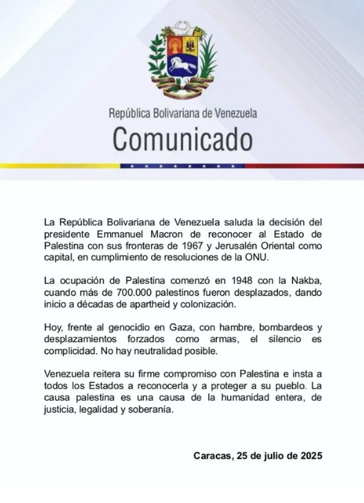 Francia reconocerá oficialmente a Palestina como Estado 5 Venezuela comunicado