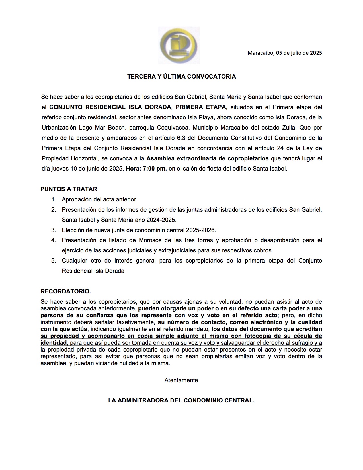 tercera y ultima convocaria asamblea condominio central