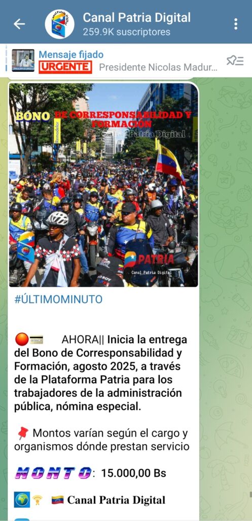 Inició el pago del bono de 15 mil bolívares (US$113,37) 2 1BonoCorresponsabilidadYFormacionAgostoNominaEspecial2025