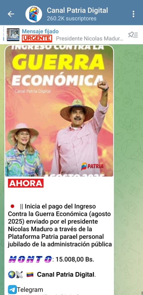 Sistema Patria comenzó a pagar un bono de más de 100 dólares 2 BonoGuerraEconomicaPersonalJubiladoAgosto2025