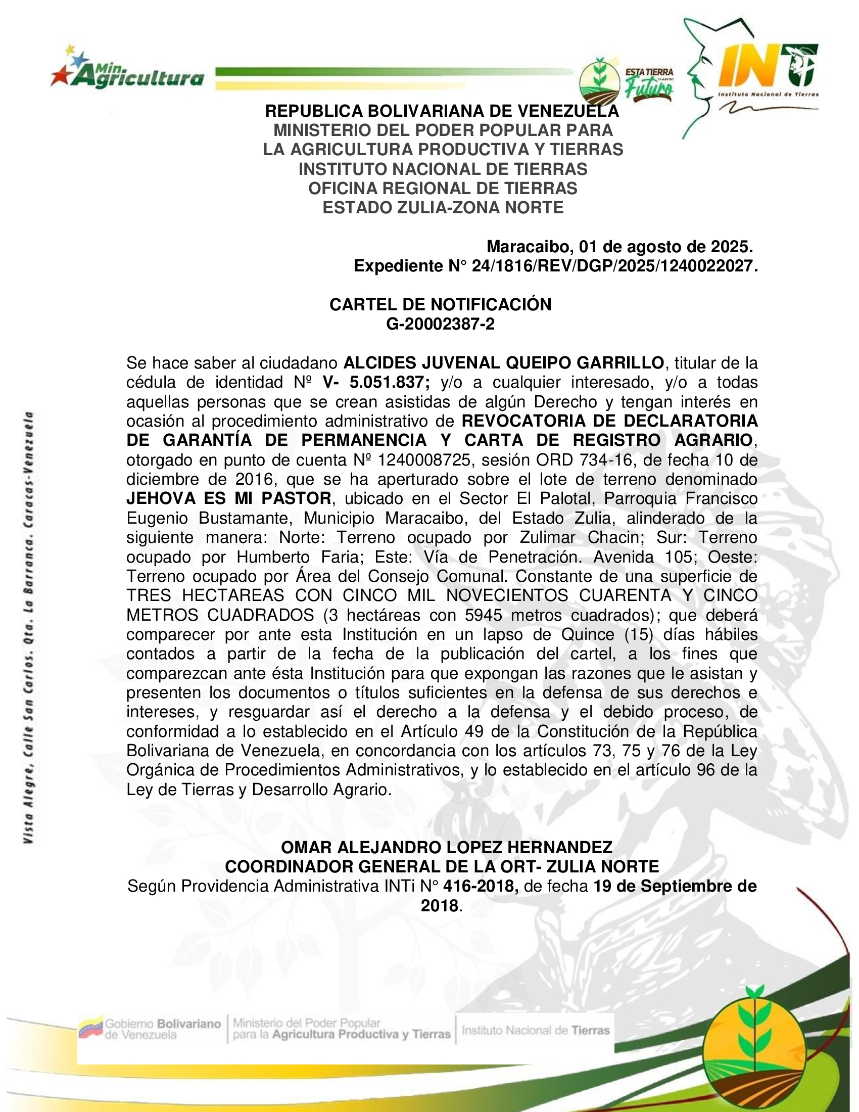 CARTEL DE NOTIFICACION JEHOVA ES MI PASTOR
