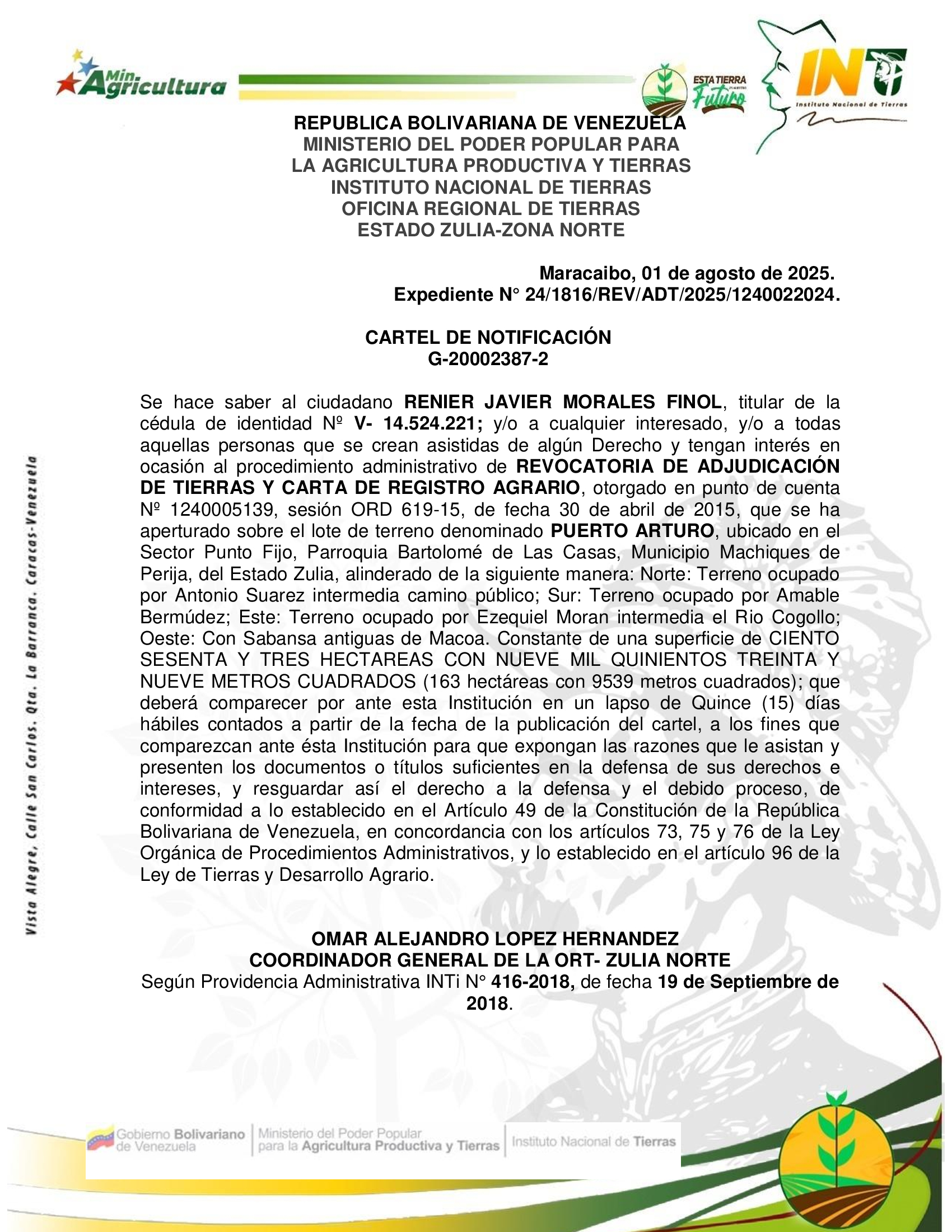CARTEL DE NOTIFICACION PUERTO ARTURO