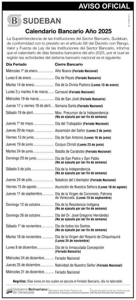 El #18Ago será feriado bancario por la «Asunción de Nuestra Señora» 2 CalendarioBancario2025Sudeban