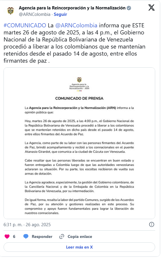 Colombia confirmó la liberación de cinco connacionales detenidos en Venezuela 2 Comunicado Colombia