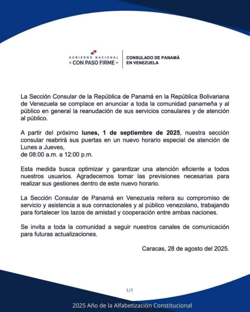 Panamá reactivará servicios consulares en Venezuela el 1-Sep 2 Consulado de Panama