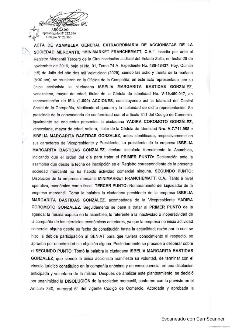 2nda. Publicación del Acta de Asamblea Extraordinaria de Accionistas de Minimarket Franchematt C.A. sobre su Disolución 1 Doc1