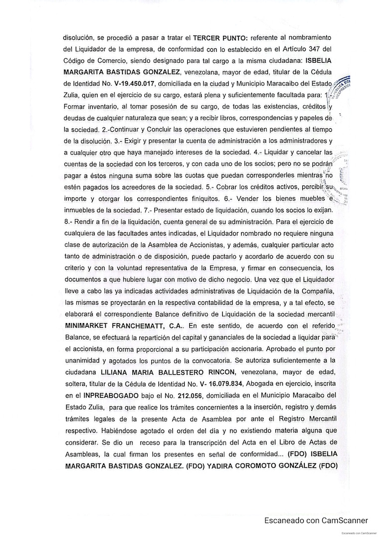 2nda. Publicación del Acta de Asamblea Extraordinaria de Accionistas de Minimarket Franchematt C.A. sobre su Disolución 2 Doc2