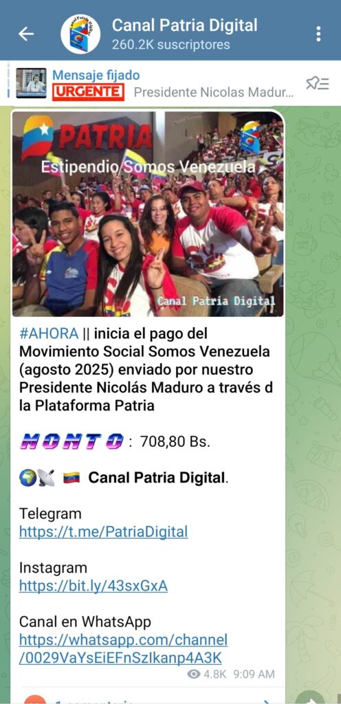 Comenzó el pago del bono «Somos Venezuela» 2 EstipendioSomosVenezuelaAgosto2025
