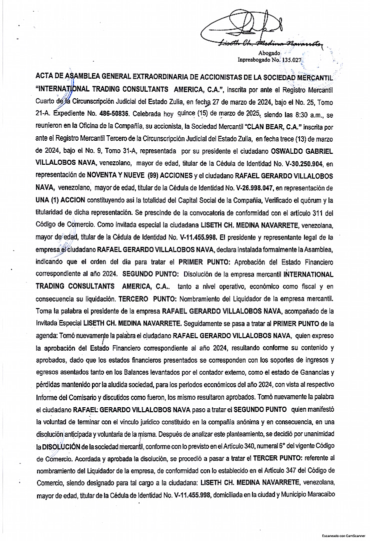 Acta de Asamblea General Extraordinaria de Accionistas de International Trading Consultants América C.A. para su disolución 1 INTERNACTIONAL TRADING1