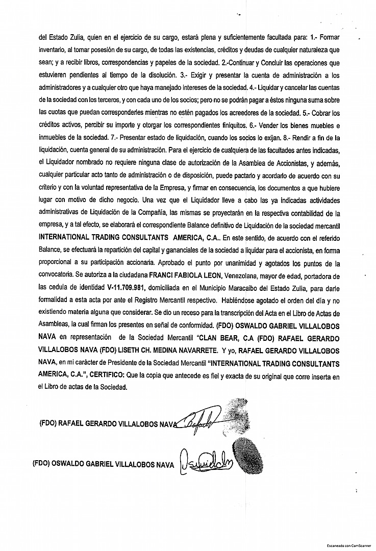 Acta de Asamblea General Extraordinaria de Accionistas de International Trading Consultants América C.A. para su disolución 2 INTERNACTIONAL TRADING2
