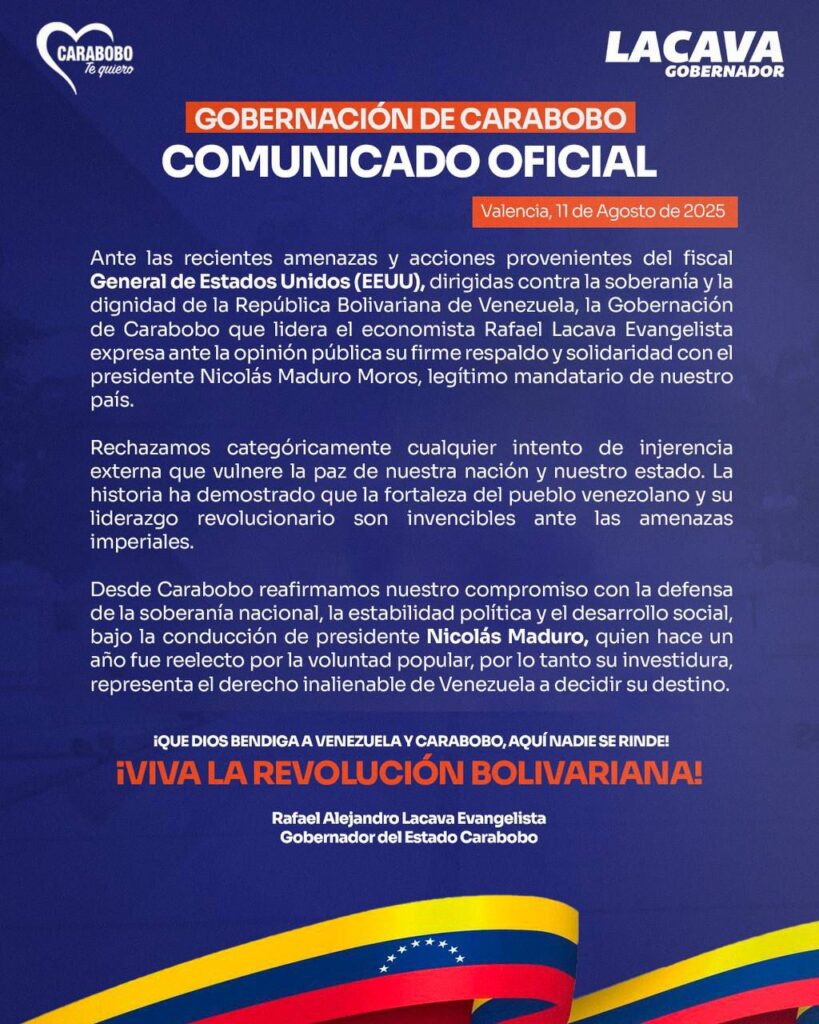 Gobernador Lacava rechazó amenazas contra presidente Nicolás Maduro: «Seguimos defendiendo la soberanía» 2 comunicado