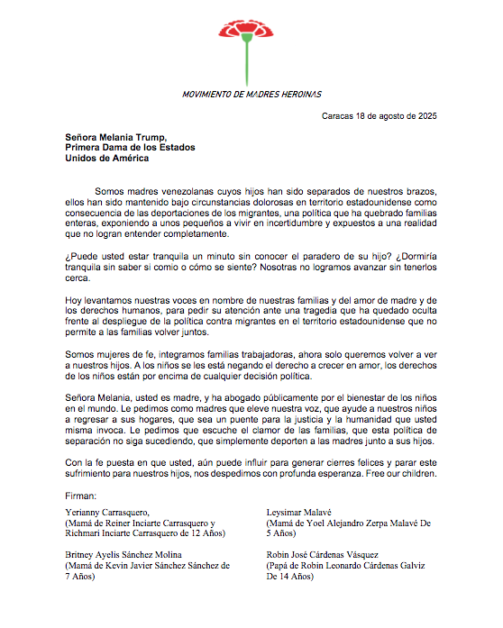 Madres venezolanas envían carta a Melania Trump clamando liberación de sus hijos: Free our children 2 cortesia carta del movimiento de madres heroinas a melania trump 46582