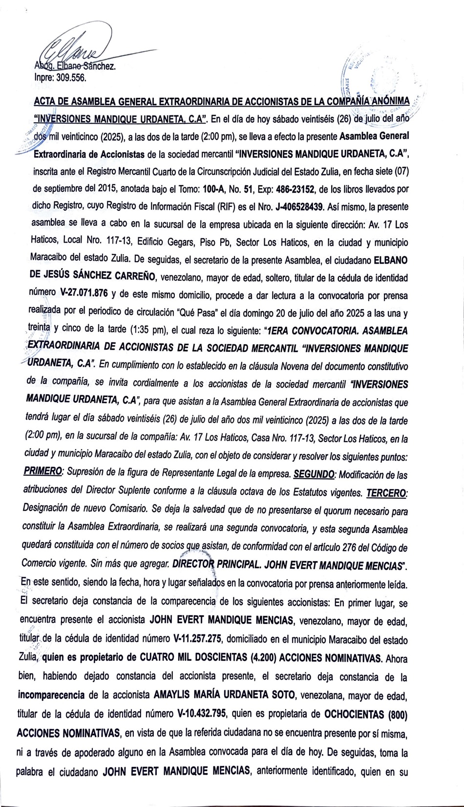 1er. Acta de la Asamblea General Extraordinaria de Accionista de Inversiones Mandique Urdaneta C.A: 1 1ERA INVERSIONES MANDIQUE URDANETAC.A1