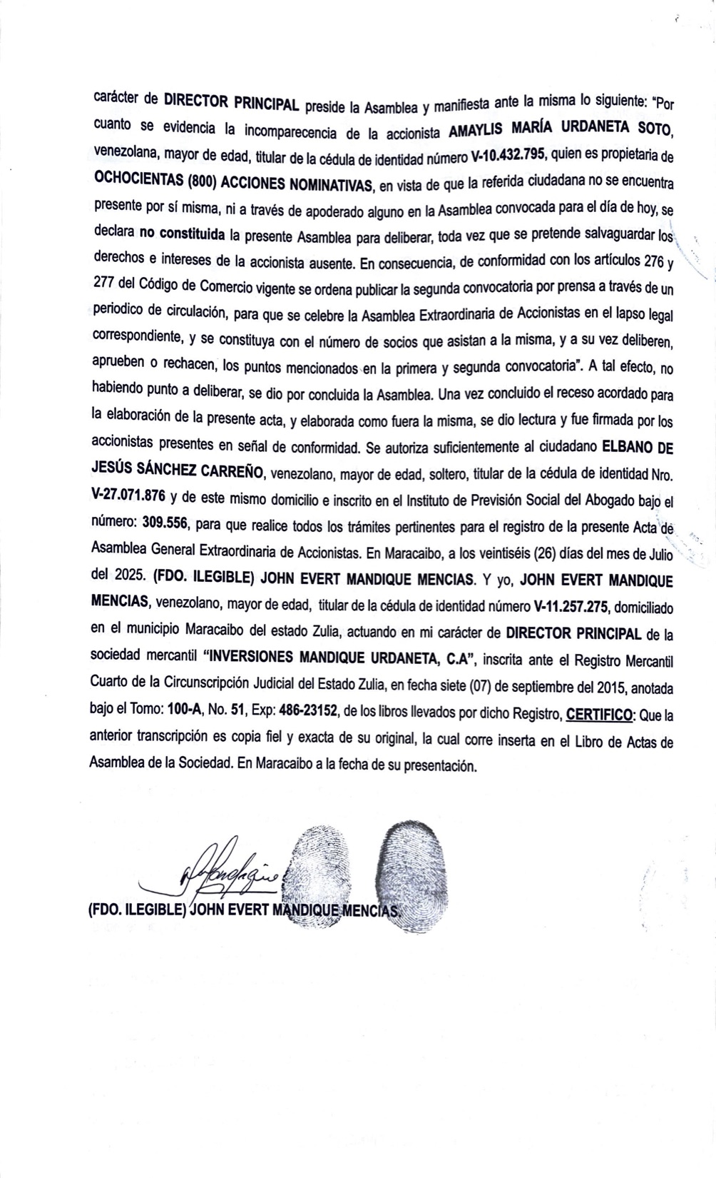 1er. Acta de la Asamblea General Extraordinaria de Accionista de Inversiones Mandique Urdaneta C.A: 2 1ERA INVERSIONES MANDIQUE URDANETAC.A2