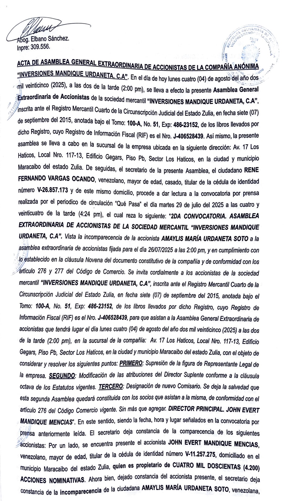 2DA INVERSIONES MANDIQUE URDANETA C.A1