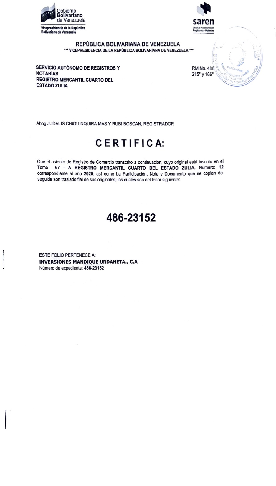 2DA INVERSIONES MANDIQUE URDANETA C.A7
