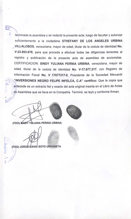 Acta de Asamblea General Extraordinaria de Accionistas de Inversiones Negro Felipe C.A. (INFELCA) para su Disolución 3 CERTIFICA3