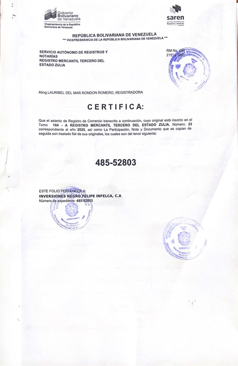 Acta de Asamblea General Extraordinaria de Accionistas de Inversiones Negro Felipe C.A. (INFELCA) para su Disolución 6 CERTIFICA6