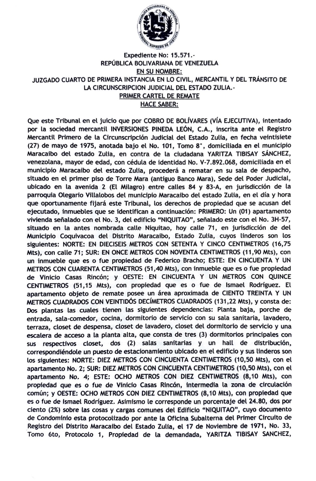 1era. Publicación del Cartel de Notificación a Yaritza Tibisay Sánchez sobre Proceso de Remate en el juicio por Cobro de Bolívares (por vía ejecutiva) 1 Primer Cartel de Remate1