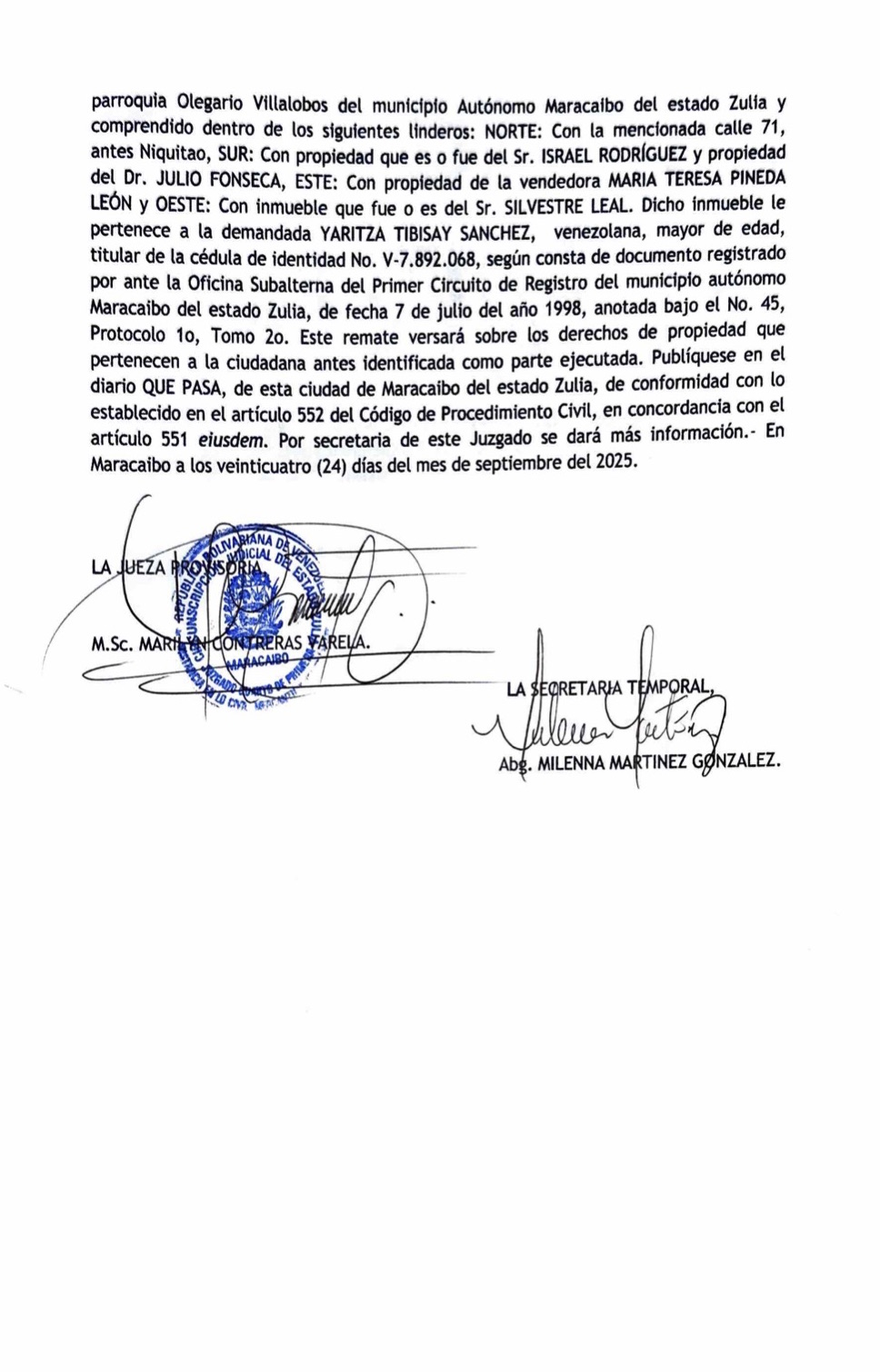 1era. Publicación del Cartel de Notificación a Yaritza Tibisay Sánchez sobre Proceso de Remate en el juicio por Cobro de Bolívares (por vía ejecutiva) 3 Primer Cartel de Remate3
