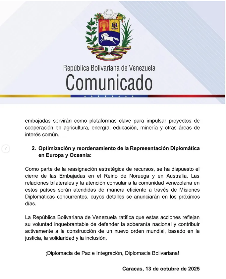 Venezuela cerrará sus embajadas en Noruega y Australia 3 2